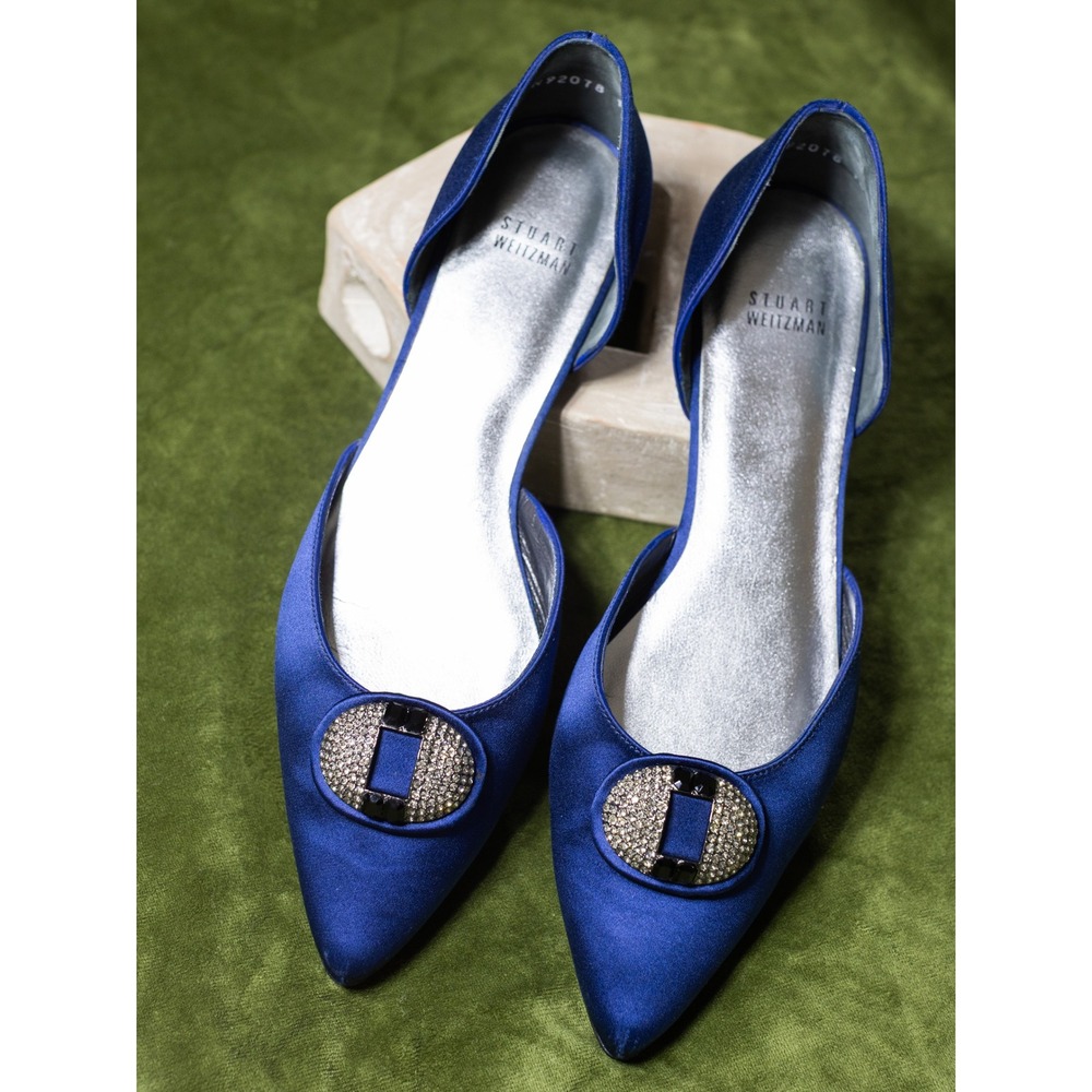 Vintage Stuart Weitzman Blue Satin Crystal D'Orsay Flats Size 10 Y2K 90s